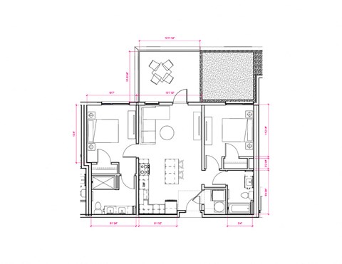 Floor plan for 2 beds, 2 baths, 817 sqft